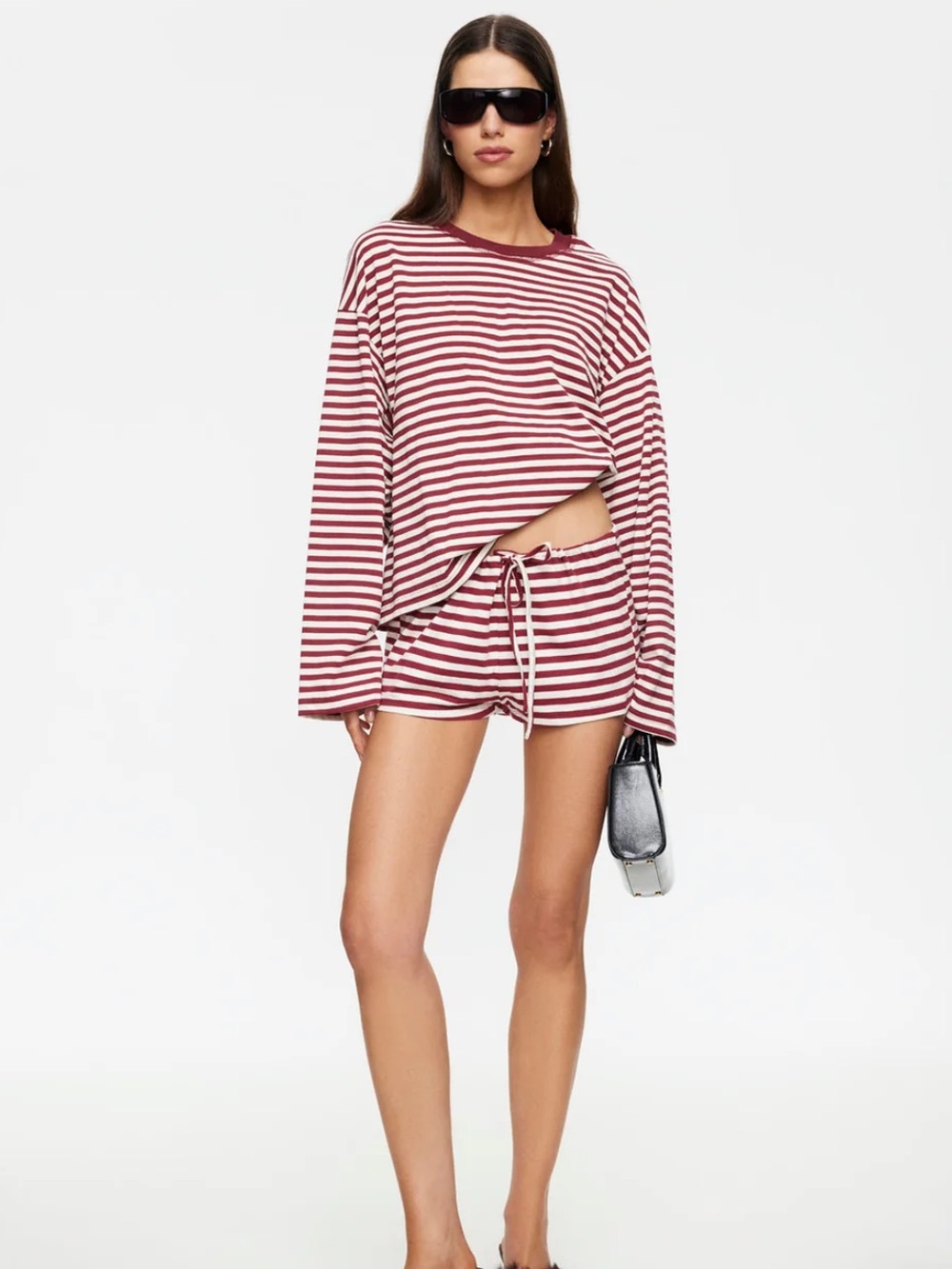 Lioness Bloom Long Sleeve Top in Wine Stripe Small Striped Red